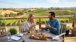 Couple enjoying wine at table in SLO
